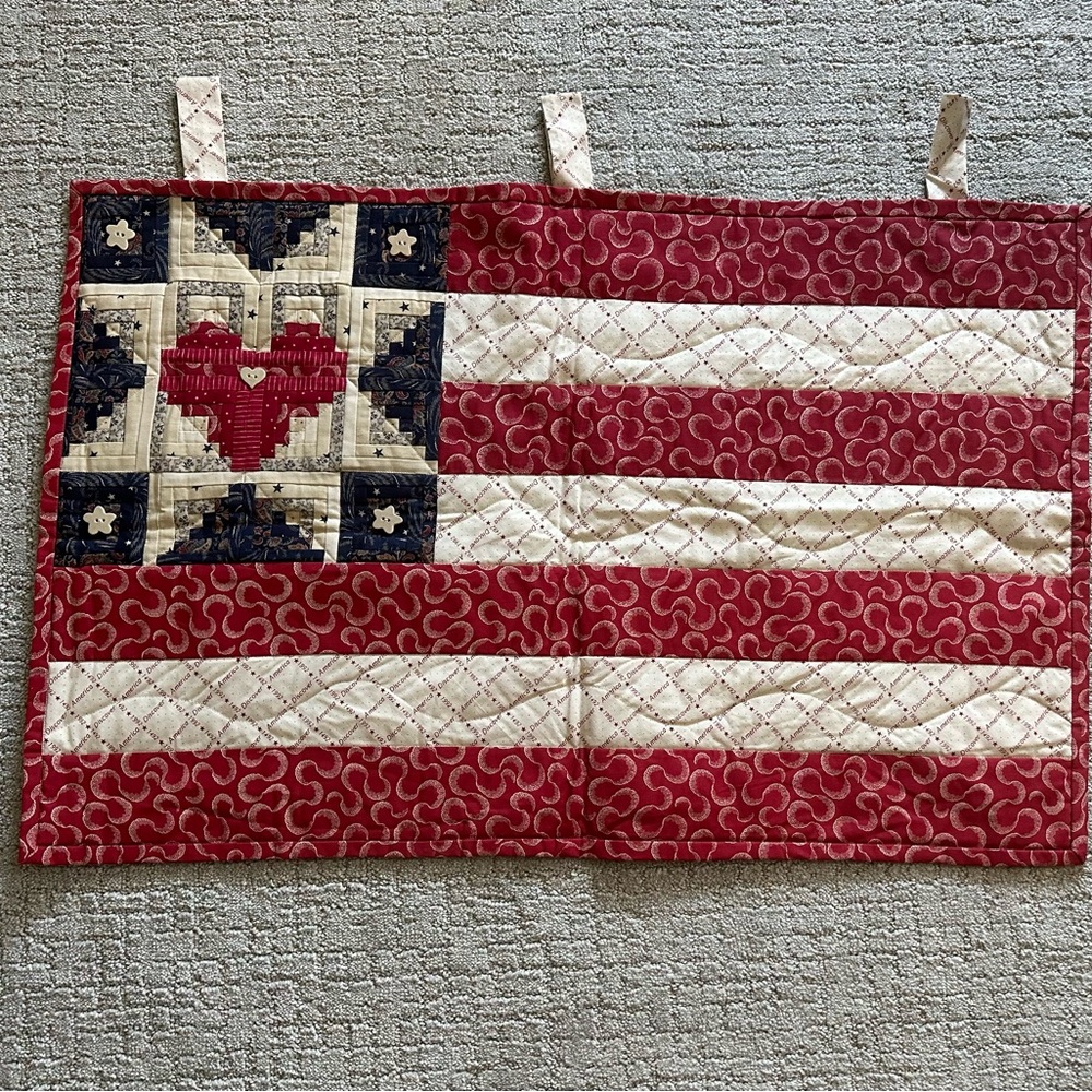 Handmade Patriotic Quilted Wall Hanging Mini Quilt Art - Red, Cream, Navy